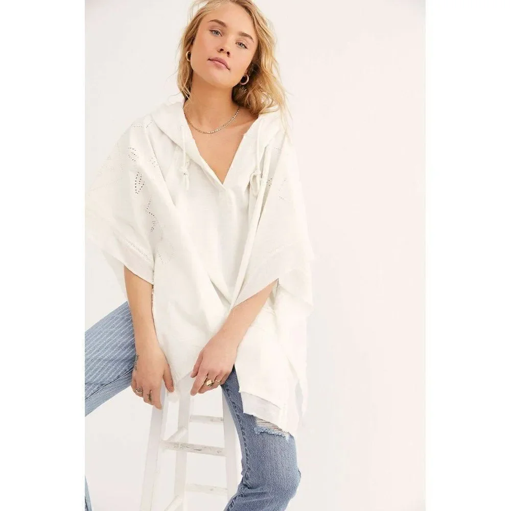 NEW FREE PEOPLE SzS BE THERE EMBROIDERED SWEATSHIRT PULLOVER HOODIE PONCHO IVORY